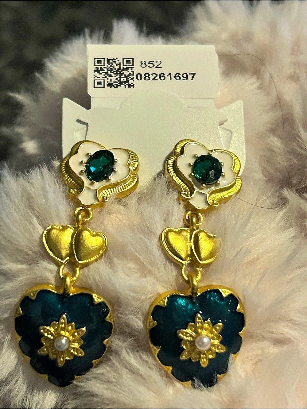 Gold & Green Floral Heart Drop Earrings NWT